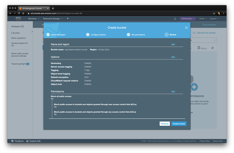 Review bucket creation settings