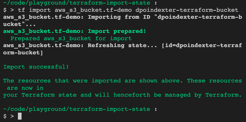 Terraform state import success